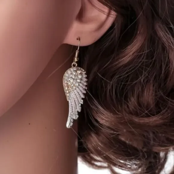 Yellow Gold with AB Aurora Borealis Crystal Angel Wing Dangle Hook Earrings